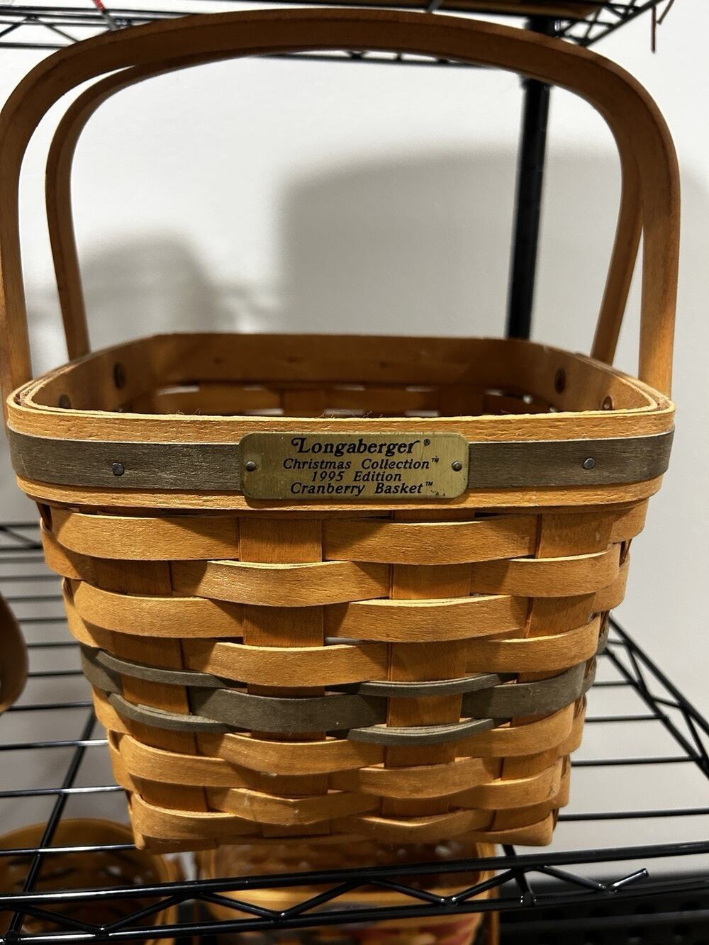Longaberger Christmas Cranberry Basket with 2 swinging handles green accents